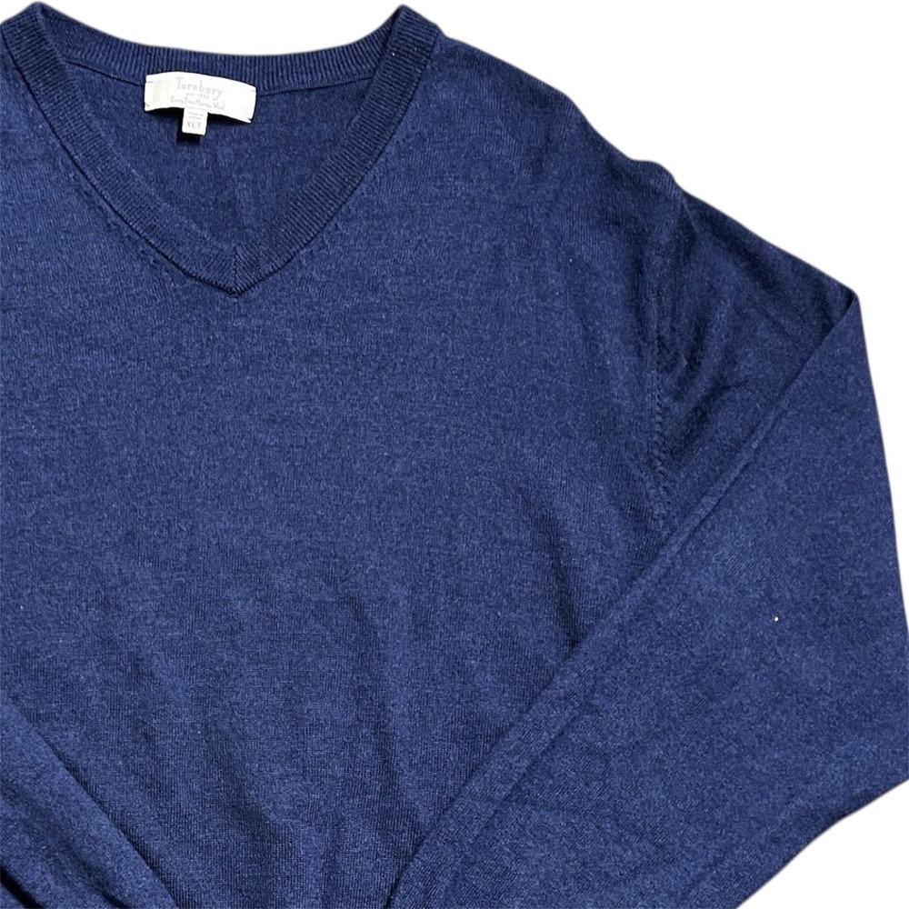 Turnbury Mens Navy Blue V Neck 100% Extra Fine Merino Wool Sweater XLT